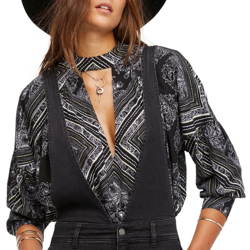 Free People Walking on a Dream Long Sleeve Flowy Sexy Black Keyhole Neck Tunic S